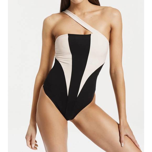 NEW LE ORE sorelle one shoulder bodysuit in black/cream - Picture 1 of 4